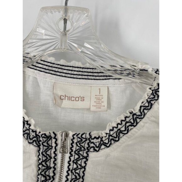 CHICO'S SMOCKED ZIP JACKET LINEN EMBROIDERED SIZE 1 PETITE - Picture 4 of 6